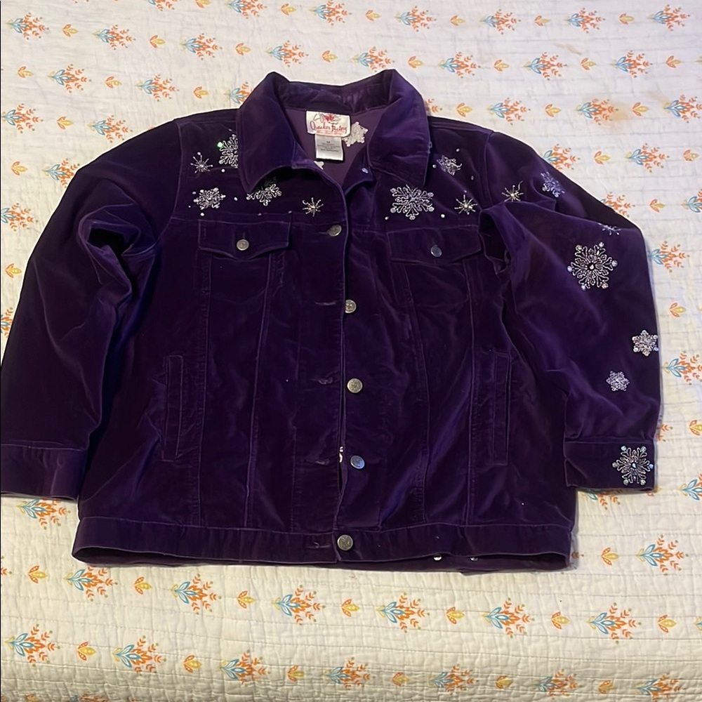 Quacker Factory Purple Teddy Jacket with Snowflake Embroidery